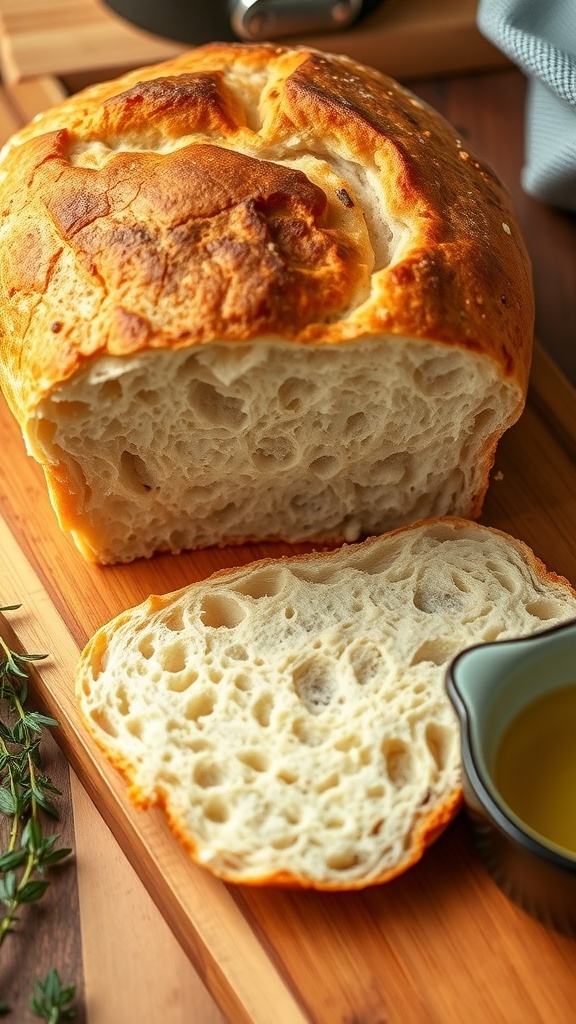 A golden-brown artisan bread loaf sliced on a wooden board, with steam rising and herbs around it.